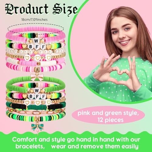 12 Pcs Witch Princess Pink Green Bracelets Friendship Bracelets Preppy Clay Bead BFF Wristbands Bulk for Birthday Party Favor Cosplay Outfit Movie Fans Merch Gifts2
