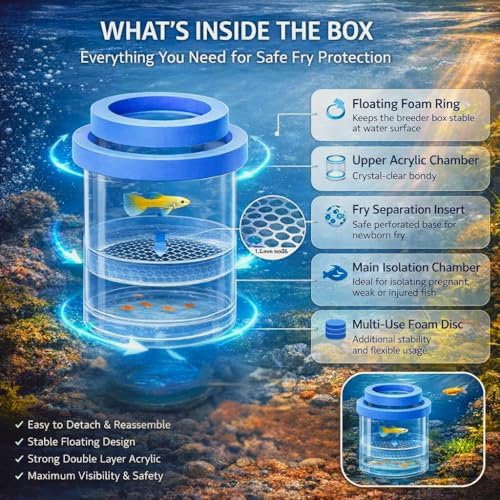 Image of VAYINATO Floating Fish Breeder Box for Aquarium - 11.5cm Double Layer Isolation Incubator with Foam Collar | Clear Fry Protection Box for Guppy, Betta & Small Fish