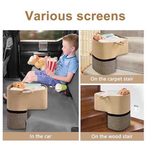 Image of Stair Basket for Wooden & Carpeted Stairs, Foldable Cotton Rope Step Basket with Handles, Staircase Storage Organizer, Brown&Black, 15 inch Lx 10 inch W x 15 inch H