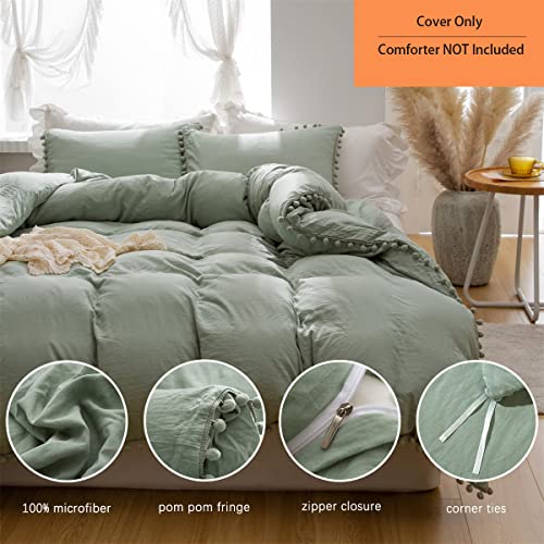 Ihoustriy Duvet Cover Full Size,100% Washed Microfiber 3Pcs Bedding Duvet Cover Set, Pom Poms Fringe Solid Color Soft And Breathable With Zipper Closure & Corner Ties (Sage Green, Full) #TOP1