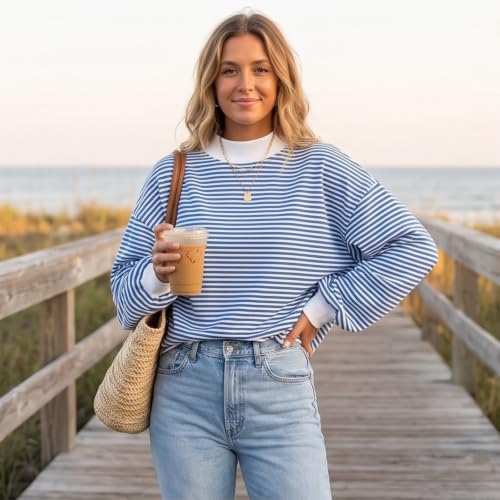 Mock Neck Sweatshirt for Women Striped Oversized Casual Pullover Tops - image 4