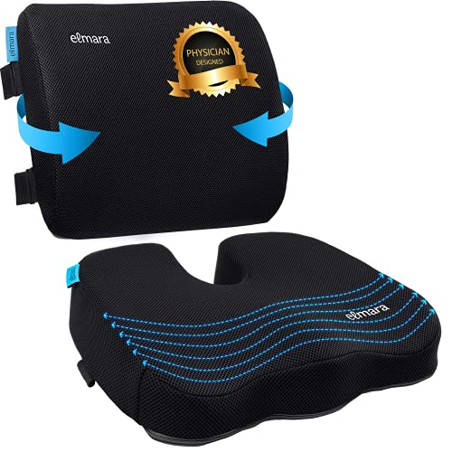 Elmara Lumbar Support Pillow & Coccyx Seat Cushion, Office Chair Seat Cushion Back Support Pillow for Chair, Memory Foam Desk Chair Cushion for Back Pain, Back Pillow for Office Chair (Black)