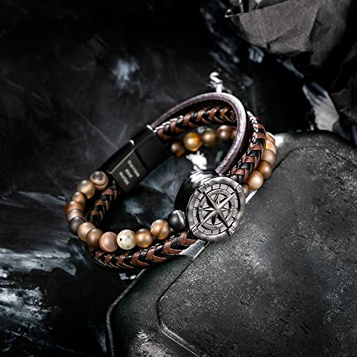 Image of Men's Bracelet Leather with Compass, Braided Leather Bracelets for Men Magnetic Clasp 7.5 /8.5 /9.5 inch Gift for Husband Boyfriend Father