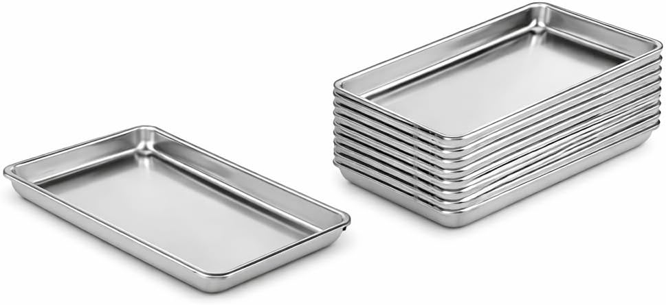 1/8 Size Aluminum Sheet Pan, 19 Gauge Wire Rim, Silver, 6.5 x 9.5 x 1 Inch, Freezer and Oven Safe, Stackable, 12 Case