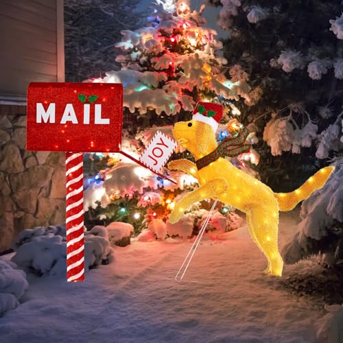 GOPLUS Decoration Noel Exterieur Lumineuses, Chien avec Boite Lettres Cadeaux avec 120 Lumières LED Chaudes, Décoration Noel Extérieur et Intérieur, Câble 5M 168 x 21 x 108 cm (Boite Mail Chien)