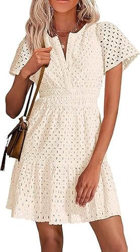 Abito Donna Estivo Con Scollo A V E Pizzo - Vestito Casual Per Spiaggia E Mare