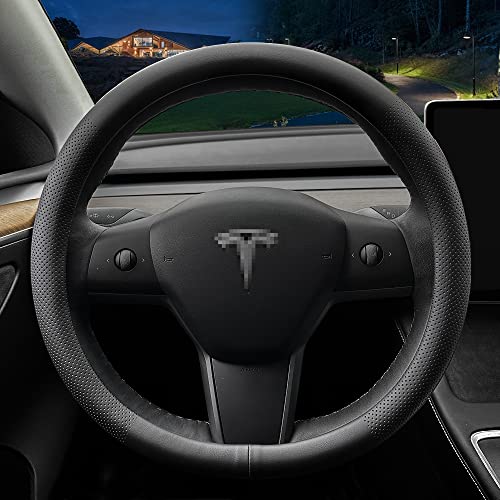 Lkwlikei Custom Car Steering Wheel Cover For Tesla. Nappa Leather Ultra-Thin Steering Wheel Cover With Non-Slip Design And Interior Modification Of Car Accessories (For Tesla Model 3/Y)(Black) #TOP3