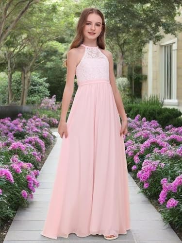 Chiffon Junior Bridesmaid Dress for Wedding Lace Applique Halter Sleeveless A-Line Long Formal Flower Girl Dress4