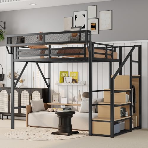 KEIKI Full Size Metal Loft Bed Frame with Convertible Staircase,