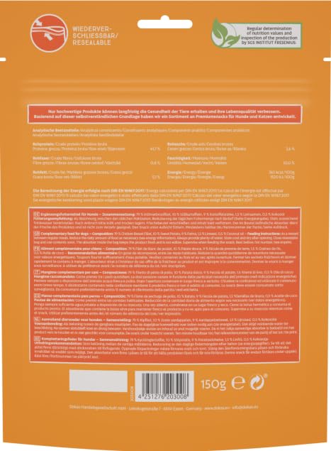 Dokas Hühnerbrust-Würfel mit Süßkartoffel, Leinsamen & Kokosöl | 4er Pack | 4 x 150 g | Gefriergetrockneter Snack für Hunde | Besonders reich an hochwertigen Proteinen