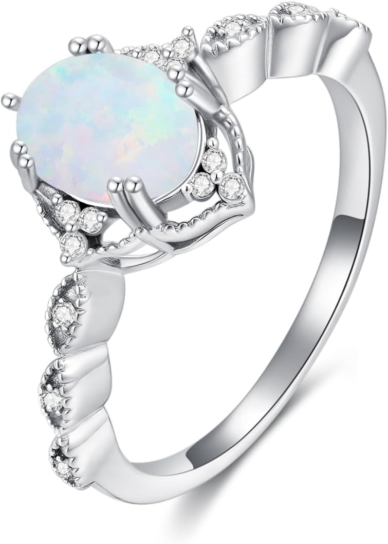 925 Sterling Silver Opal Engagement Rings for Women Center 1.5CT Oval Cut Opal Promise Wedding Rings with Cubic Zirconia for Her