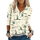 Binshre Womens Western Tops 3/4 Length Sleeve Shirts Graphic Cowboy Chic Shirts for Women V Neck Cactus Desert Print Loose Casual Fall Tunic Blouses Tees