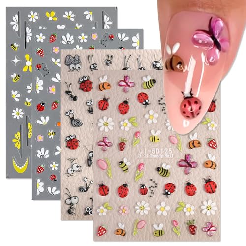 CHarmeFleur Niedliche Biene Marienkäfer Ameise Nagelkunst Aufkleber 4 Blätter 5D Relief Selbstklebende Nageldekoration Blumen Gänseblümchen Schmetterling Erdbeere