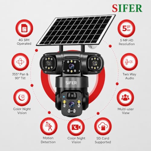 Image of SIFER 5 MP Full HD Triple Lens Solar CCTV Camera | Night Vision | 4g sim Solar CCTV Camera 360 Outdoor | Motion Detection | 2-Way Audio | Cloud & SD Card Supported