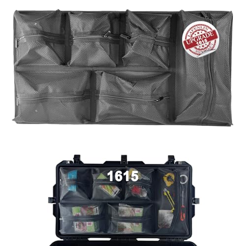 LAFENLIN UPGRADED Lid Organizer for Pelican 1615 Case [Max Capacity Secure Transit] - 6-Pocket Thick Mesh Panel for Professional Photographers & Divers Includes Screws & Hook and Loop