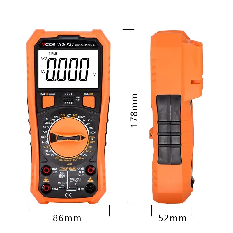 VICTOR VC890C+ Digital Multimeter and its included accessories: test leads, K-type probe, and manual