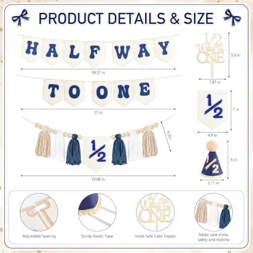 Image of THAWAY 1 /2 Birthday Boy Decorations, Blue Half Way to One Banner Set | Felt banner;wooden cake topper;1 /2 hat;baby boy 6 month party