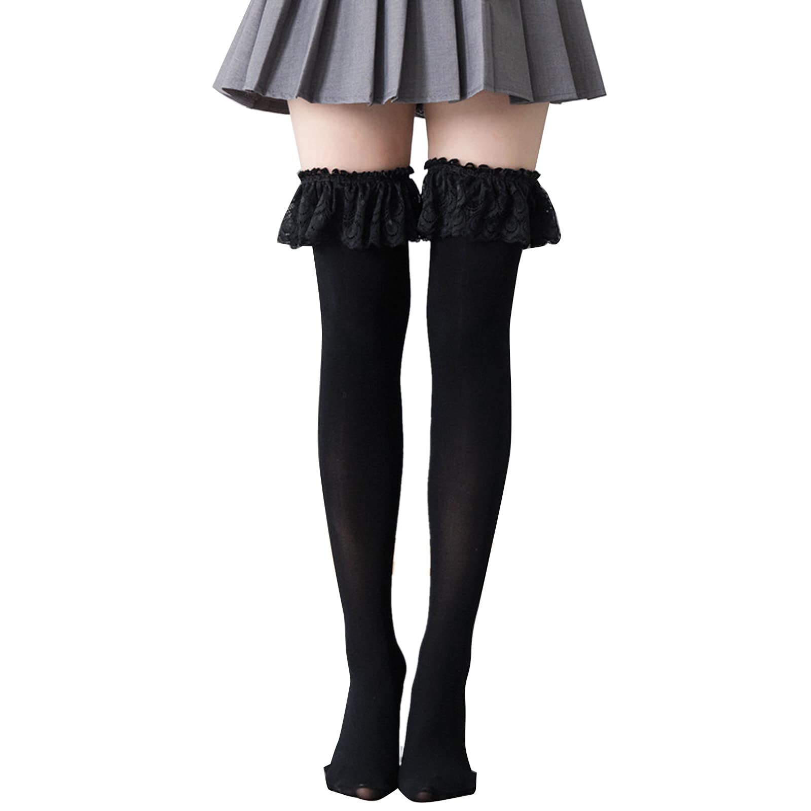 Kobeleen Women's Black Thigh High Socks Cute Frilly Lace Patchwork Velvet Over Knee Long Stockings Cosplay Anime Hosiery