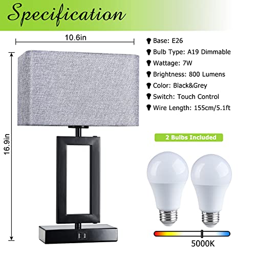 Touch Control Bedside Lamps For Bedrooms Set Of 2 Table Lamps For Nightstand With Dual Usb Ports, 3-Way Dimmable Modern Desk Lamps For End Table Living Room Office Home Study Room, Grey&Black #TOP3