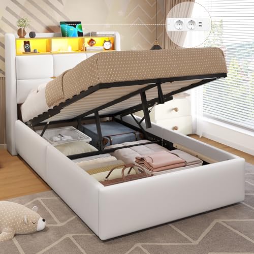 DICTAC Lit Coffre 1 Place 90x200 avec éclairage LED et Prise Lit Enfant 90x200 avec Rangement et Tete de Lits,Cadre de lit 90 x 200 avec Sommier à...