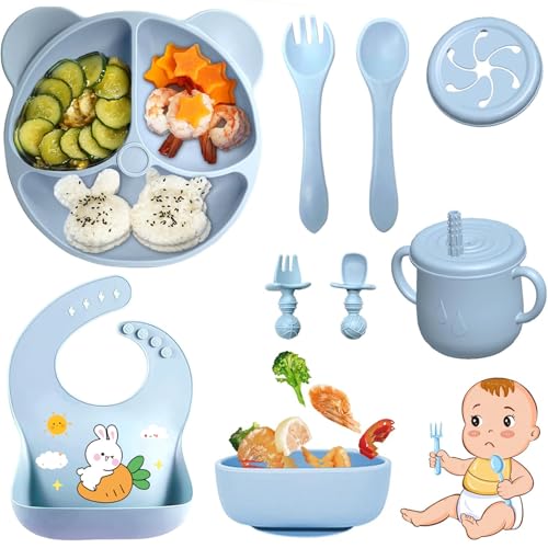 Bizcasa Vajilla Bebe Silicona, 9 Piezas Vajilla de Silicona para Bebés Antideslizante, Con Plato Cuenco Babero Taza, Vajilla de aprendizaje para comer destete, Sin BPA (Azul)