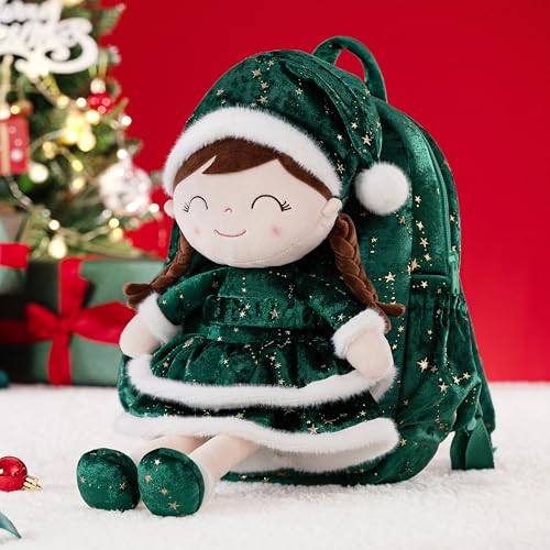 Image of Gloveleya Plush Backpacks Toddler Backpack Removable Doll and Backpack Baby Girl Gifts for 2 to 8 Years Girl Birthday Gifts with Green Doll