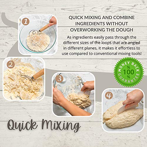 Domiji Danish Dough Whisk Large(2 Pcs) – Stainless Steel Wire Wooden Whisk Handle Hand Mixer For Bread Pancake Dough W/Dough Scraper For Bakers Mixing All Batter Mixer Whisk – Easy To Clean #TOP2