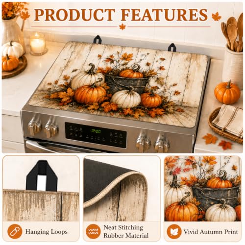 Image of Fall Pumpkin Stove Top Cover for Electric Stove 28 inchx 20 inch Wood Grain Background Heat Resistant Glass Top Stove Cover Protector, Glass Cooktop Covers, Kitchen Flat Stove Top Covers