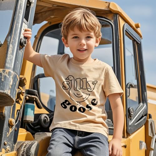 Image of Kids Short Sleeve Tees Toddler Crewneck T-Shirts Boys Girls Dino Raccoon Excavator Silly Goose Flower Girl Tops 2-7 Years