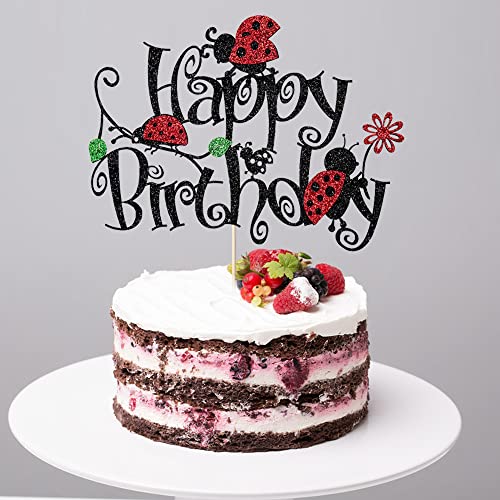 Black Glitter Ladybug Happy Birthday Cake Topper Little Ladybug Party Decoration Ladybug Daisy Cake Topper For Ladybug Theme Birthday Party Baby Shower Supplies (2) #TOP3