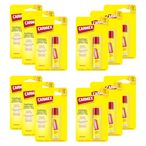 Carmex Lippenbalsam Stick - Feuchtigkeitsspendende Lippenpflege für geschmeidiges Aussehen, 12 x 4,25g
