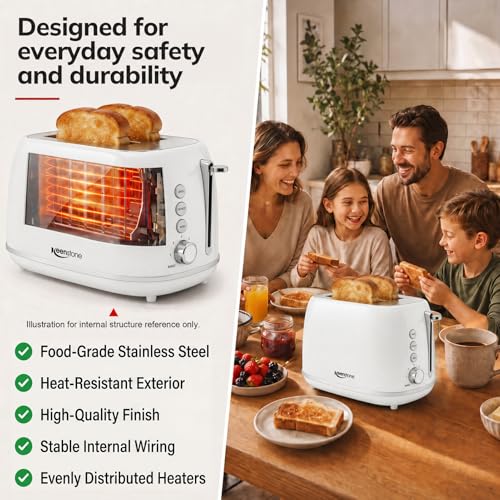 Image of Keenstone Toaster 2 Slice, Retro Wide Slot Stainless Steel Toaster with 6 Browning Levels, Reheat & Defrost, for Bagel, Toast, Bread, Kitchen Essentials, Removable Crumb Tray, White
