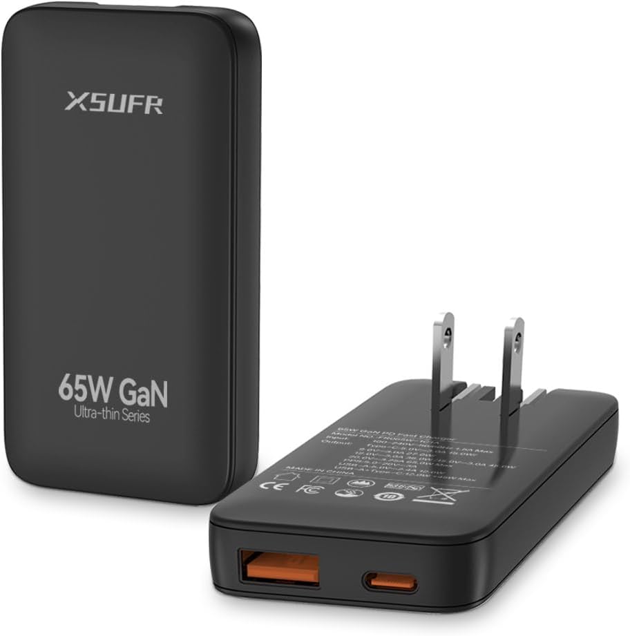 65W Flat USB c Wall Charger,Folding Travel Dual Port USB Wall Charger, for Laptops, Tablets, Phones, Black (Black-New)