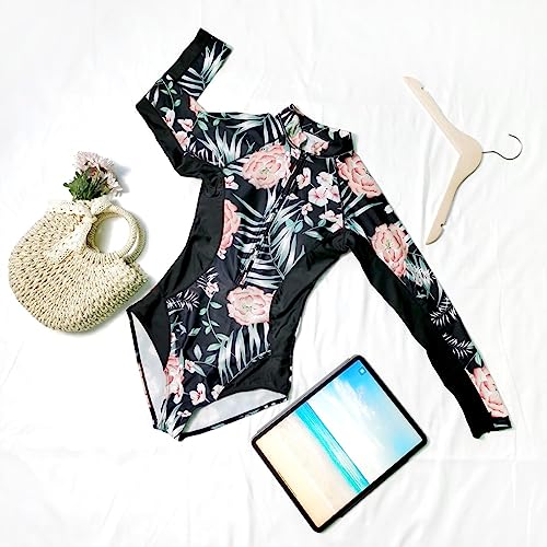 Nesy Women's One Piece Long Sleeve Rash Guard Swimsuits Uv Protection Bathing Suit Zipper Printed Surfing Swimwear Flowers #TOP2