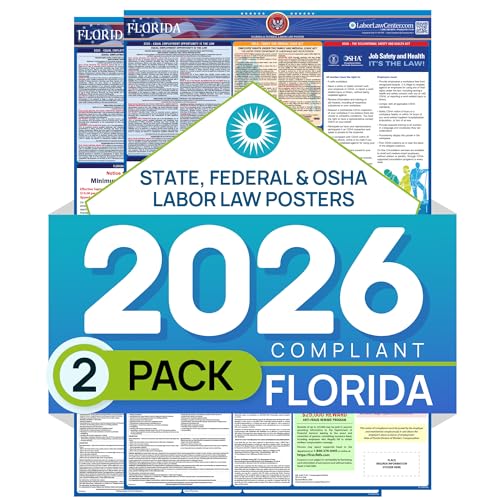Image of Florida 2026 Labor Law Poster - State & Federal Compliance - OSHA, EEOC, FMLA, Minimum Wage - Durable, Laminated & Waterproof Workplace Employment Poster - Made in USA - 26 inch x 39.5 inch, English, 2-Pack