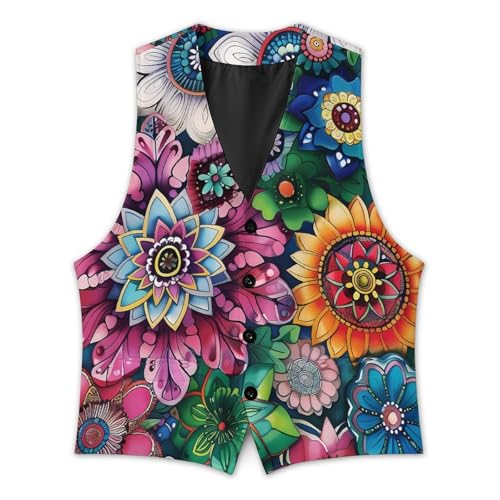 Boho Floral Colorful Flowers Men's Suit Vest Waistcoat Vests Formal Dress with 2 Pockets for Business Casual Tuxedo 5