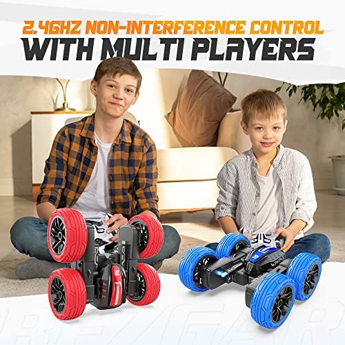 BEZGAR TD202MINI Remote Control Cars - 2.4GHz Double Sided Stunt Car, LED 360° Flip Spinning 4WD RC Car, Indoor & Outdoor Toy Gifts for Boys Kids Girls, Red