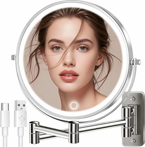 9" Large Wall Mounted Lighted Makeup Mirror, 5000mAh Rechargeable 1X/15X Magnifying Mirror with 3 Color Lights Touch Dimmable, Extended Arm 360° Rotation Bathroom Wall Mounted Makeup Mirror, Nickel