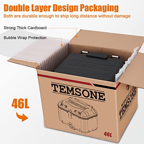 Temsone Upgraded 46L Aluminum Motorcycle Top Case, Motorcycle Tail Box With Security Lock ＆ Backrest, Waterproof Motorcycle Rear Top Box, Dual-Key Storage Carrier Case, Trunk Tour Box For Store Helmet #TOP7