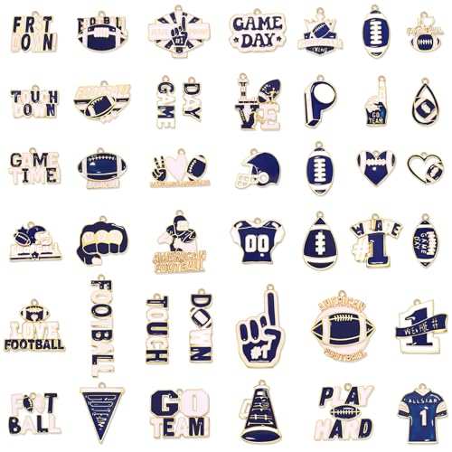 40PCS Football Charms for Jewelry Making Enamel Game Day Charms for Bracelet Necklace Earrings Making Sports Football Bag Keychain Charm Cheer Mom Accessories (Blue White)