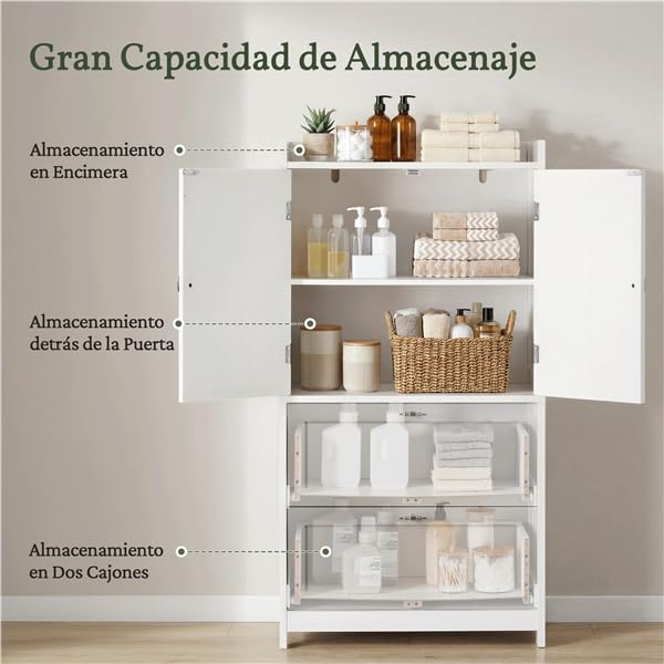 Yaheetech Armario de Suelo para Baño Clásico Mueble 60x30x115cm Blanco | para Salón Cocina Entrada, con 2 Puertas y 2 cajones, Borde Elevado, Estante Ajustable Mueble de Madera de Almacenaje