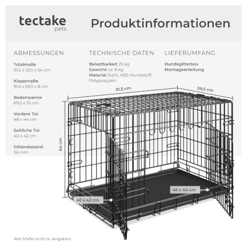 tectake® Hundekäfig, Hundegitter Box, Dog Kennel, Hundebox faltbar, Transportbox stabil, für Hunde und Welpen, für Kofferraum, Auto, Camping und Zuhause, Wohnung - 91,5 x 59,5 x 64 cm
