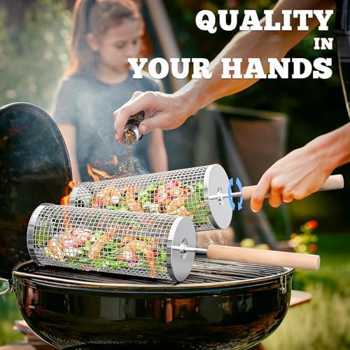 ivtivfu Rolling Grill Basket, Removable Wooden Handle, Nesting BBQ Tools — view 2