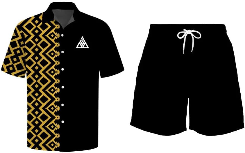 BV Summer Button Down Set, Geometric Pattern Short Sleeve Shirt with Shorts, Anti-Wrinkle