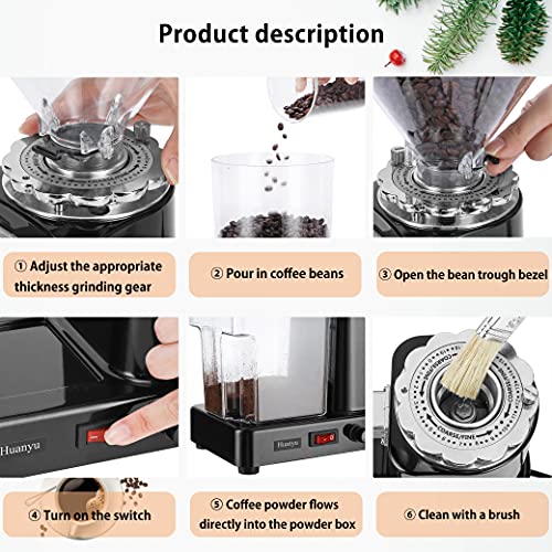 Huanyu Coffee Grinder Electric Flat Burr Grinding Machine Automatic Mill 35Oz Coffee Bean Grinder With 19 Adjustable Grind Settings 36 Cups Professional Espresso Miller 200W Cleaning Brush Included #TOP5