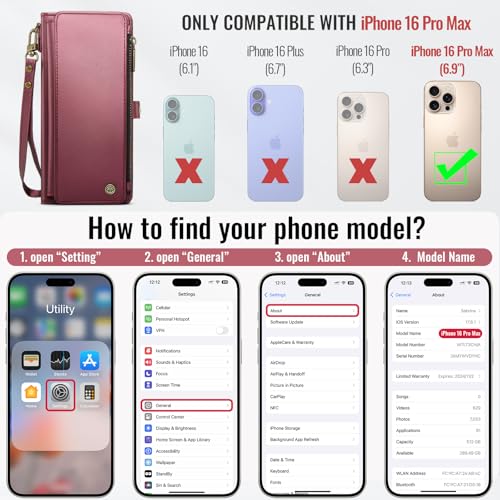 Defencase Compatible with iPhone 16 Pro Max Case Wallet with RFID Blocking Card Holder for Woman, PU Leather Magnetic Snap Flip Zipper Strap Wallet Phone Case Fit for iPhone 16 Pro Max 6.9", Wine Red by Defencase - Image 2