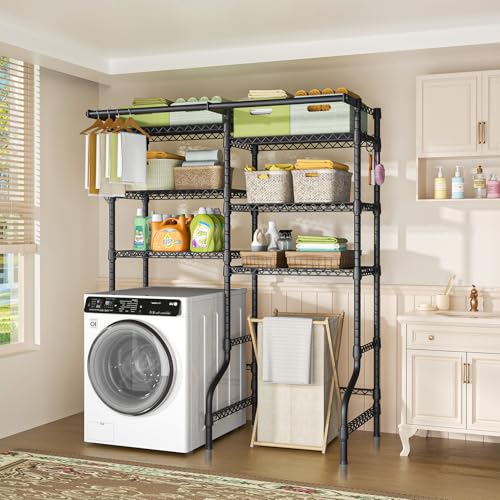 Ulif U13 Over Washer and Dryer Storage Shelves, 6 Tiers Laundry Room Standing Shelf with 2 Hanger Rods, Space Saver Clothes Drying Rack, 63.4\" W x 22\" D x 77.4\" H, Black - Thumbnail 4