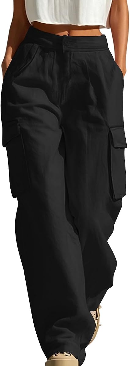 Womens Cargo Pants High Waisted Casual Baggy Parachute Wide Leg Hiking Pants Loose Fit Hiking Pant with 4 Pockets
