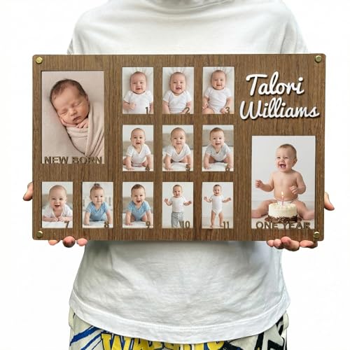 My First Year Photo Frame Personalized | Baby 0-12 Months Picture Display | First Year Wooden Milestone Frame for Newborn | New Mom Baby Keepsake (Dark Walnut)