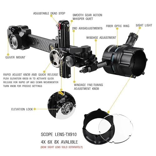 Compound Bow Sight 1 Pin,4X 6X 8X Lens, 0.019" Fiber, Carbon Fiber Long Bar, Micro Adjustable Sight Right-hand High-end Competitive Outdoor (Only Bow Sight) - Image 4